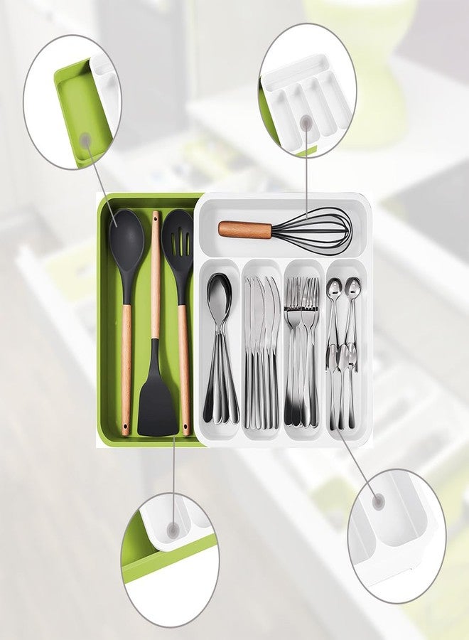 divinezon Five Grid Cutlery Organizer, Expandable Kitchen Drawer and Utensil Holder, Adjustable Large Kitchen Tool |34.5 x 52.5 x 5 CM|Plastic|Green-White - Image 4